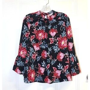 LOFT Floral Garden Bell Sleeve Multicolor Blouse Mock Neck Size S Retro Keyhole